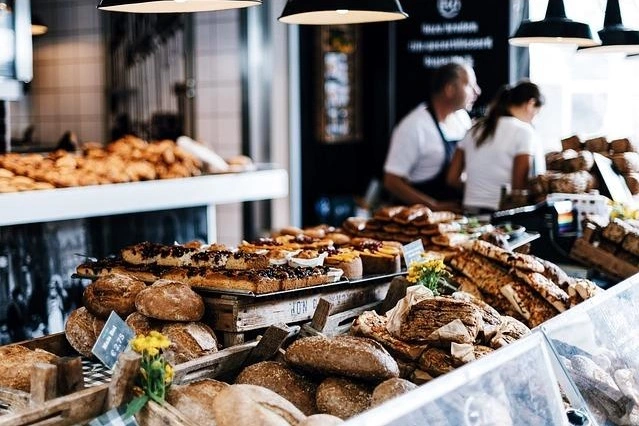 A view from inside of the bakery, looking at all of the fresh produce.